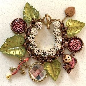 Betsey Johnson Rare Jungle Book Lizard Monkey Leaves Bling Charm Bracelet